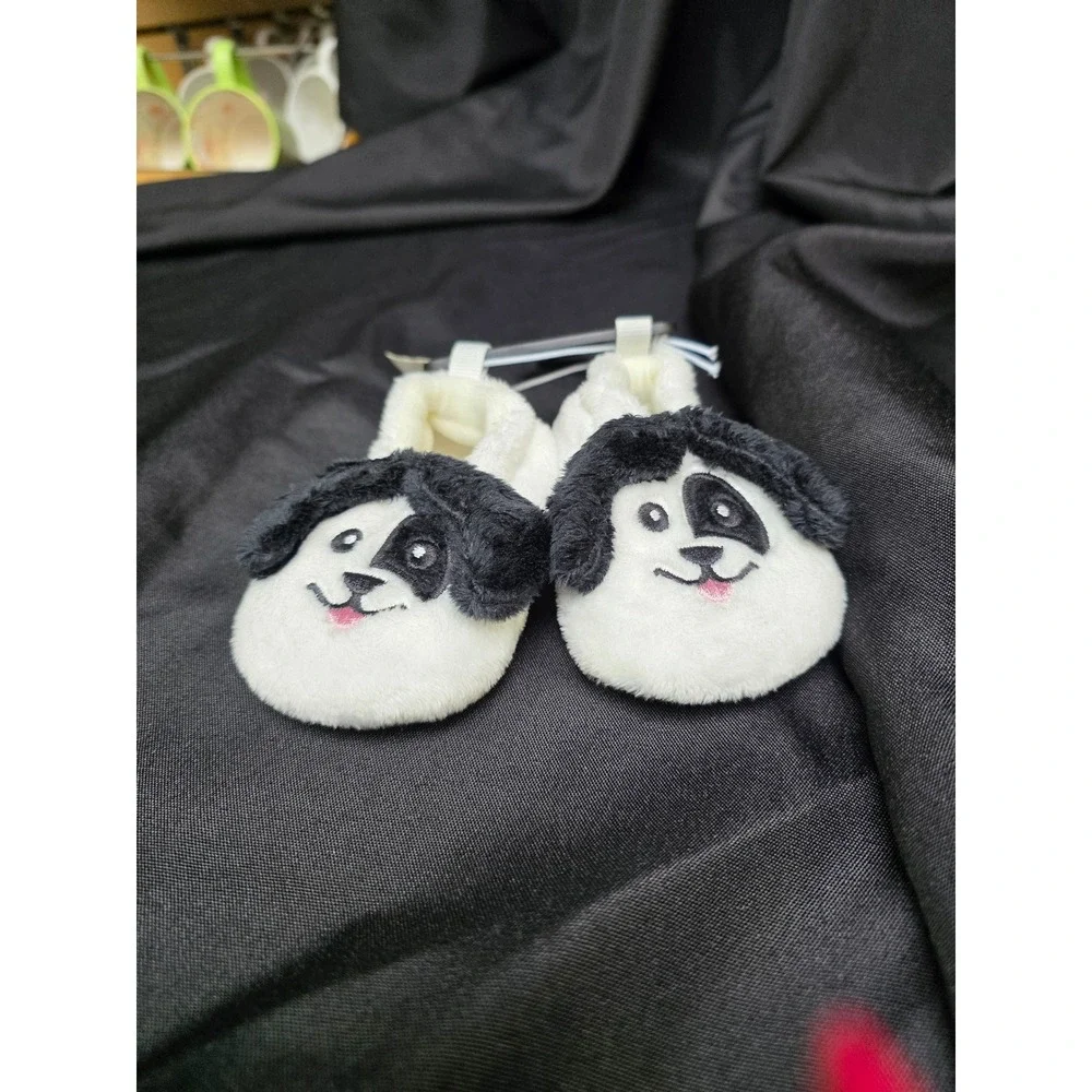 Old Navy Baby Puppy Dog Plush Faux Fur Slippers White Black 6-12M 804406-00-1